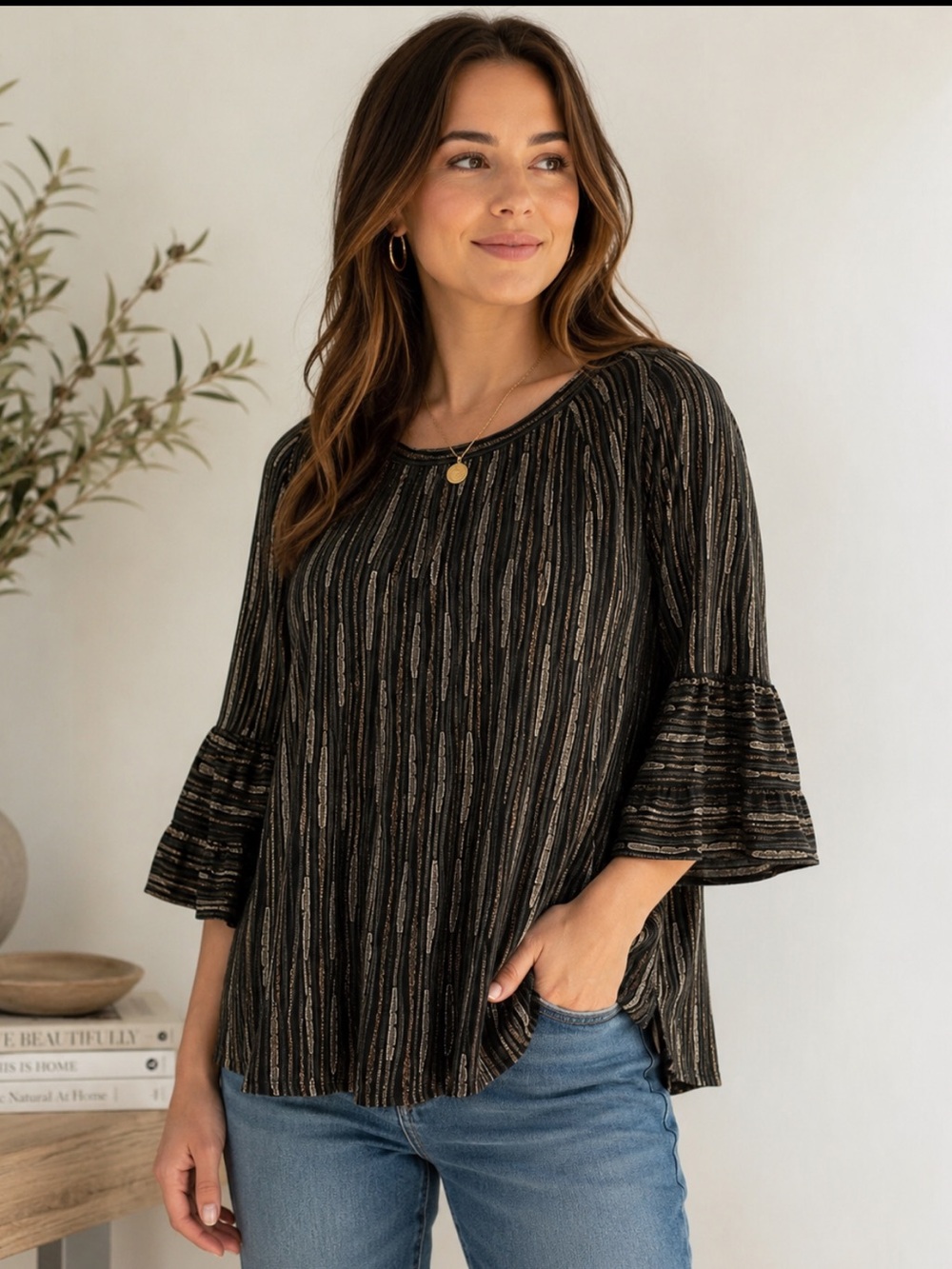 Anthropologie Black Gold Textured Metallic Stripe Ruffle Sleeve Top Size XL